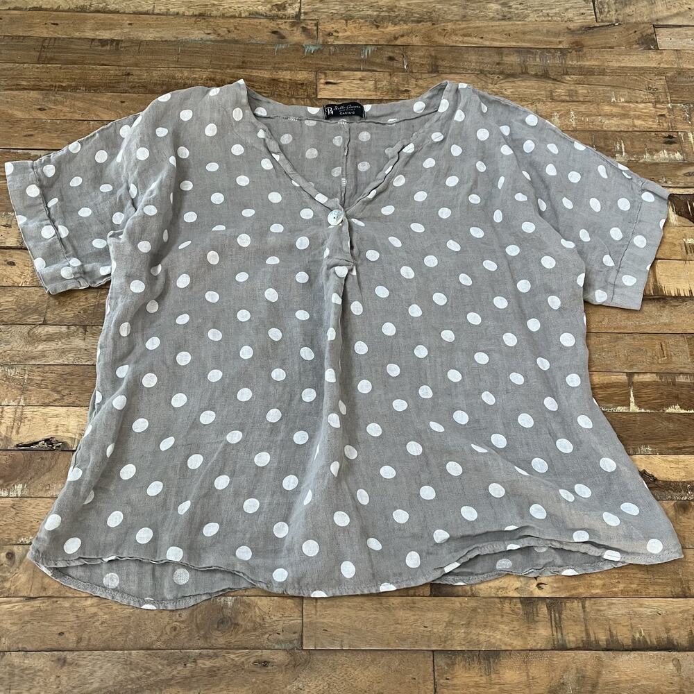 Bella Amore Blouse Top Women's S/M Brown Polka Dot V-Neck Short Sleeve